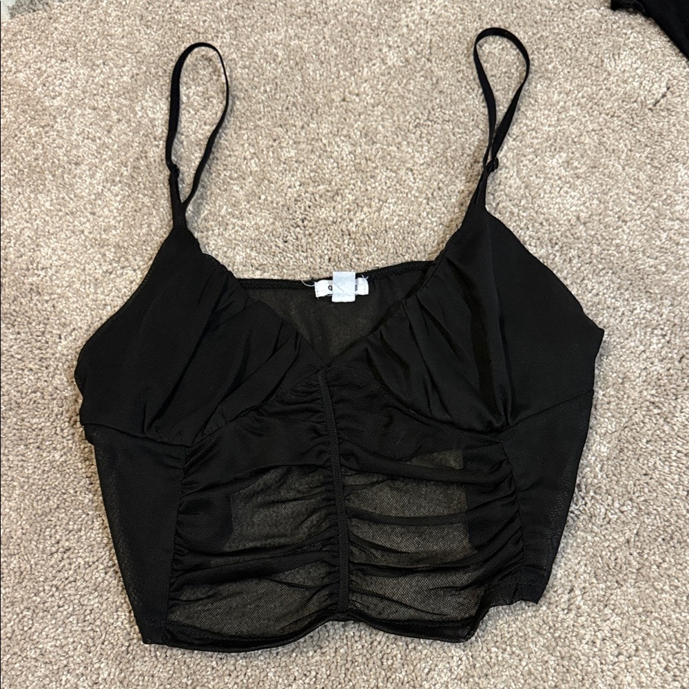 Black Ruched Mesh Crop Top
